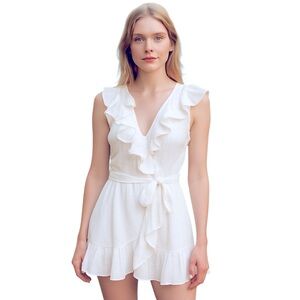 ANGEL BIBA MY EYES OPEN WHITE RUFFLE FLOUNCY SLEEVELESS MINI DRESS L